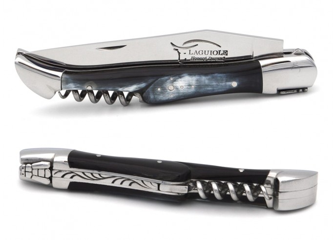 Laguiole pocket knife, 12 cm, blade and corkscrew,  welded bee, compressed dark horn with shiny bolsters
