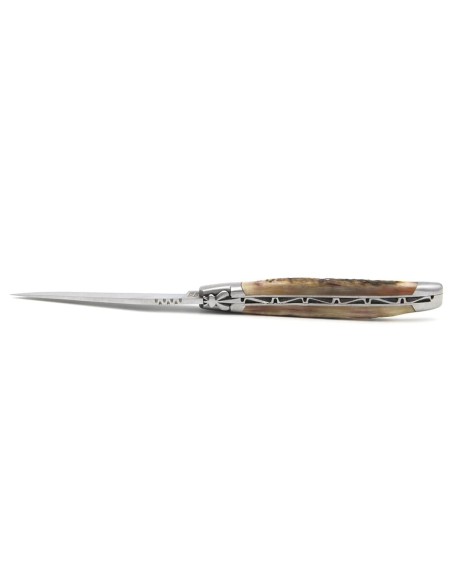 Laguiole pliant 12 cm, abeille forgée, lame seule avec finition mat, manche en corne de bélier (avec croûte)