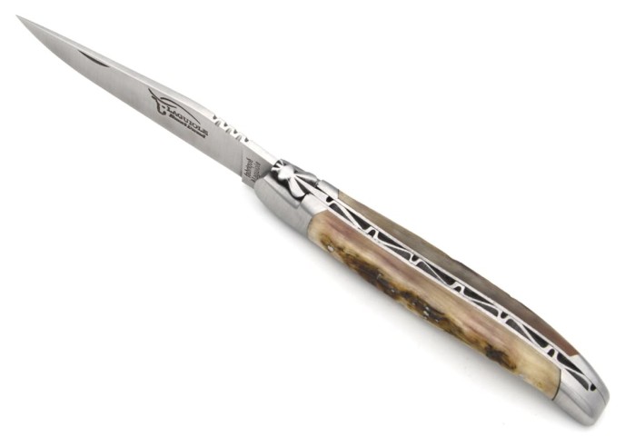 Laguiole pocket knife, 12 cm, forged bee, ram's horn handle with matt bolsters