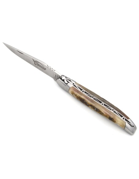 Laguiole pliant 12 cm, abeille forgée, lame seule avec finition mat, manche en corne de bélier (avec croûte)