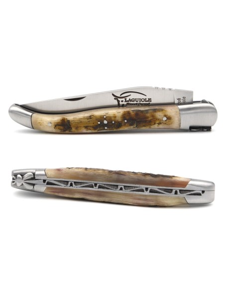 Laguiole pliant 12 cm, abeille forgée, lame seule avec finition mat, manche en corne de bélier (avec croûte)