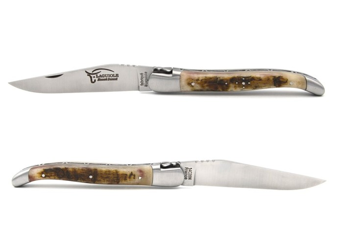 Laguiole pliant 12 cm, abeille forgée, lame seule avec finition mat, manche en corne de bélier (avec croûte)
