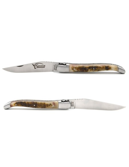 Laguiole pliant 12 cm, abeille forgée, lame seule avec finition mat, manche en corne de bélier (avec croûte)