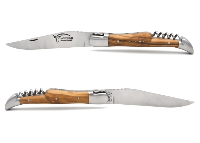 Laguiole Klappmesser, 12cm, Klinge und Korkenzieher, Heftbacken aus mattem Edelstahl,  Griff aus Olivenholz