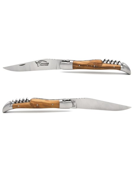 Laguiole pocket knife, 12 cm, carbon blade and corkscrew, olive wood handle with matt bolsters