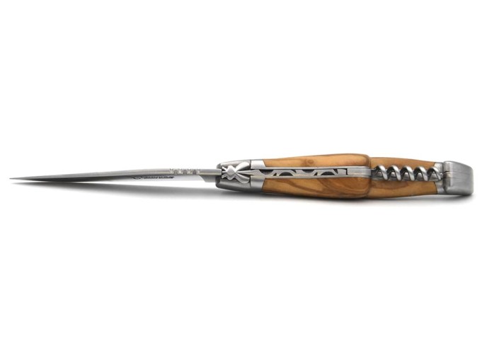 Laguiole pocket knife, 12 cm, carbon blade and corkscrew, olive wood handle with matt bolsters
