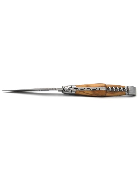 Laguiole pocket knife, 12 cm, carbon blade and corkscrew, olive wood handle with matt bolsters