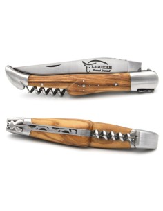 Laguiole pliant, 12 cm, abeille forgée, lame carbone et tire-bouchon, mitres inox mat, manche bois d'olivier