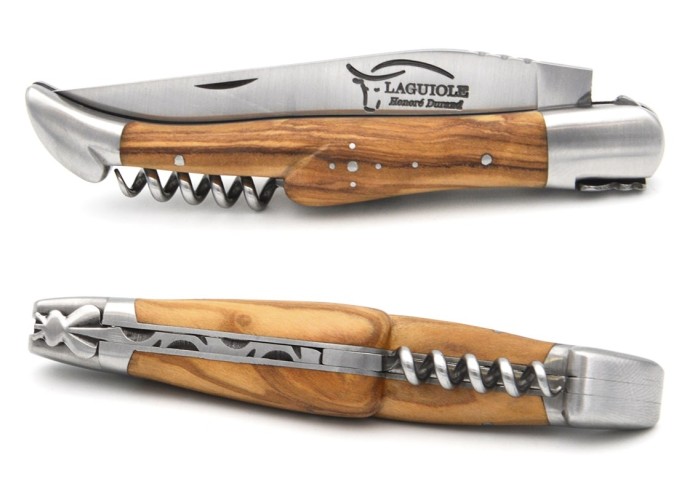 Laguiole Klappmesser, 12cm, Klinge und Korkenzieher, Heftbacken aus mattem Edelstahl,  Griff aus Olivenholz