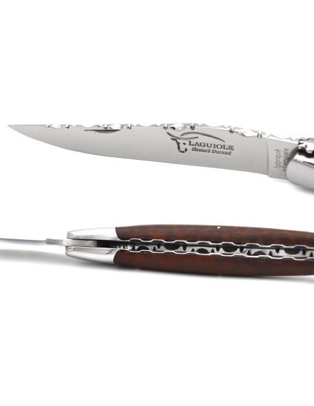 Laguiole pocket knife, 12 cm, forged bee, top and bottom chiseling, snakewood handle with shiny bolsters