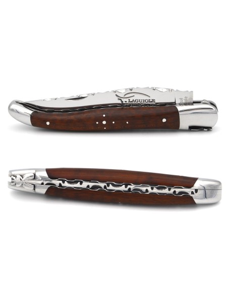 Laguiole pocket knife, 12 cm, forged bee, top and bottom chiseling, snakewood handle with shiny bolsters