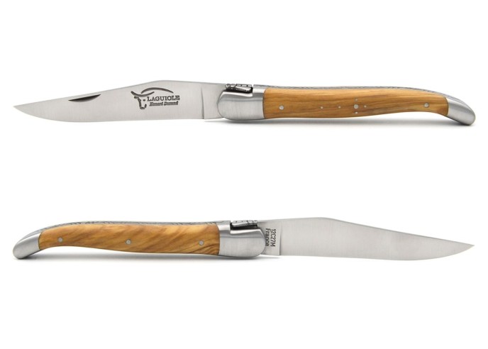 Laguiole pliant, 12 cm, abeille soudée, manche en olivier avec mitres inox mat