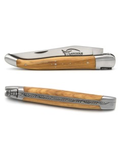 Laguiole Klappmesser, 12cm, Geschweißte Biene, Griff aus Olivenholz avec Heftbacken aus mattem Edelstahl