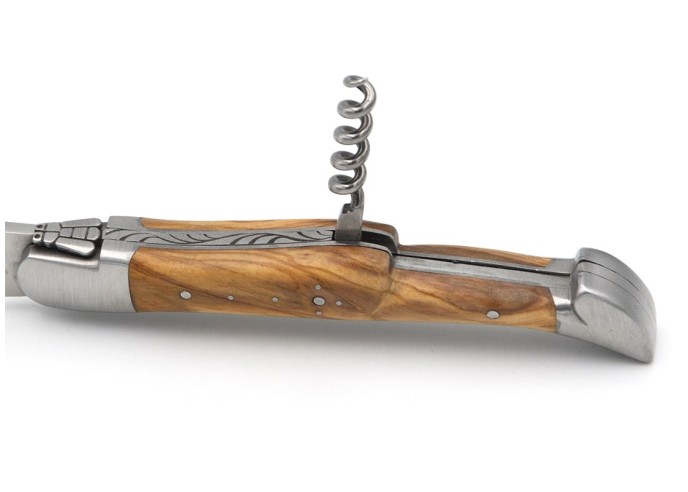 Laguiole pliant 12 cm, abeille soudée, lame & tire-bouchon, manche olivier avec finition en inox mat