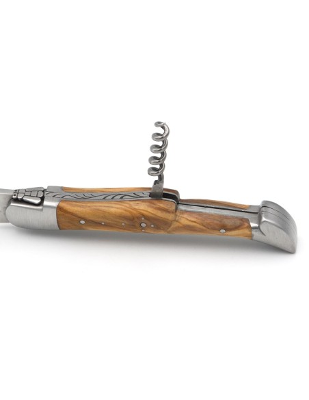 Laguiole pliant 12 cm, abeille soudée, lame & tire-bouchon, manche olivier avec finition en inox mat