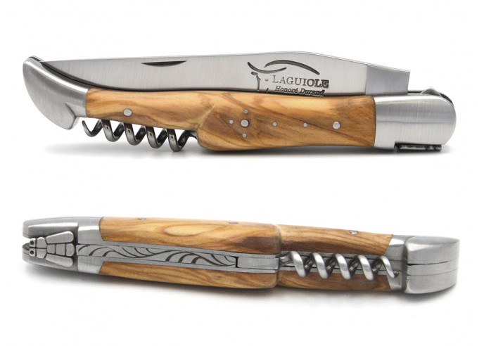 Laguiole pocket knife, 12 cm, welded bee, blade and corkscrew, olive wood handle with matt bolsters