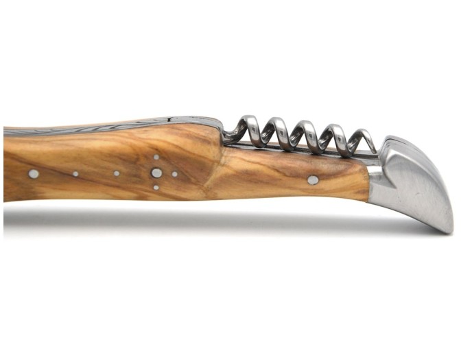 Laguiole Klappmesser, 12cm,  Klinge und Korkenzieher, Heftbacken aus mattem Edelstahl, Griff aus Olivenholz