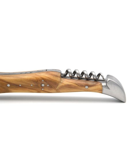 Laguiole pliant 12 cm, abeille soudée, lame & tire-bouchon, manche olivier avec finition en inox mat