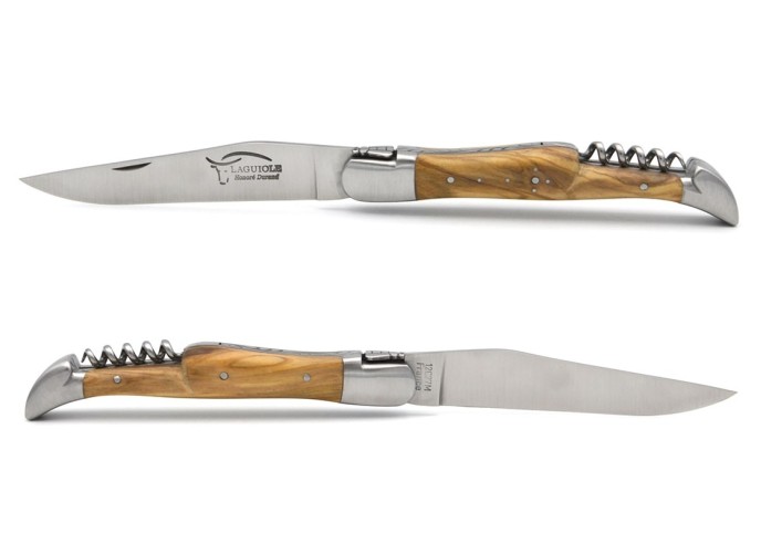 Laguiole pliant 12 cm, abeille soudée, lame & tire-bouchon, manche olivier avec finition en inox mat