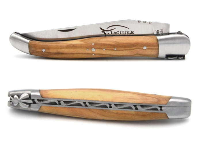 Laguiole pocket knife, 12 cm, forged bee, olive wood handle with matt bolsters