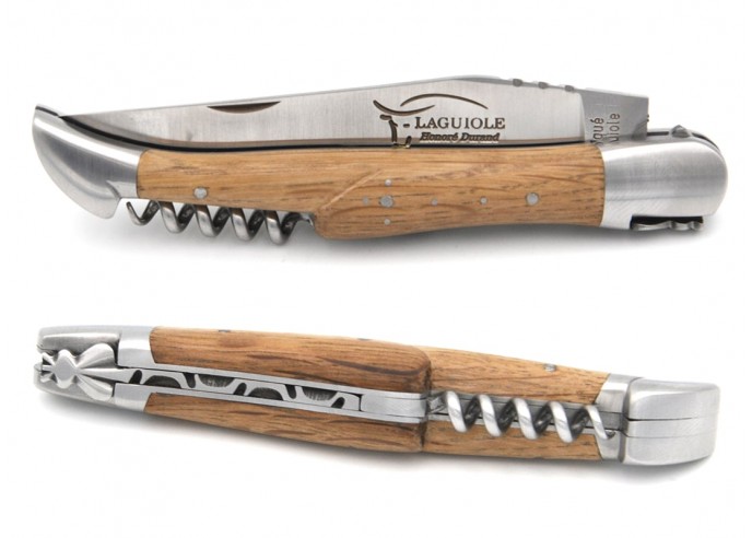 Laguiole pocket knife, 12 cm, blade and corkscrew, barrel oak handle with matt bolsters