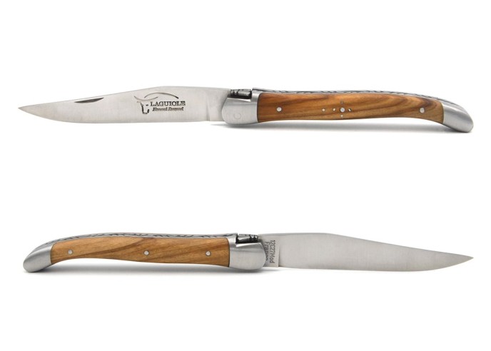 Laguiole Klappmesser, 11cm, Geschweißte Biene, Heftbacken aus mattem Edelstahl, Griff aus Olivenholz
