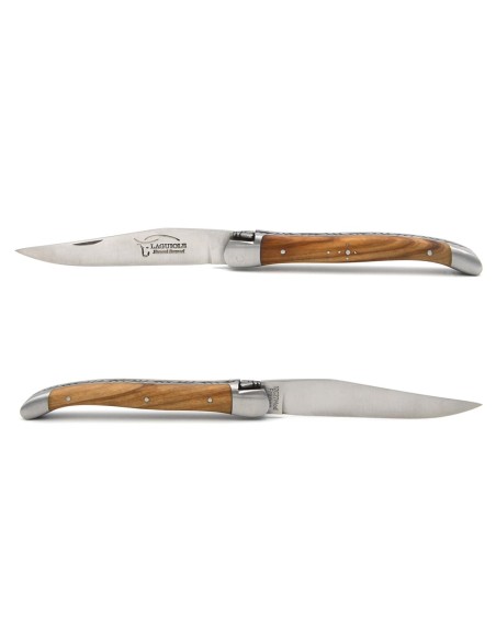 Laguiole Klappmesser, 11cm, Geschweißte Biene, Heftbacken aus mattem Edelstahl, Griff aus Olivenholz