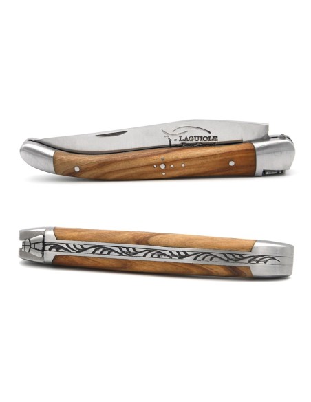 Laguiole pliant 11 cm, abeille soudée, manche en olivier, mitres inox