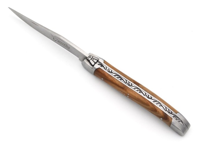 Laguiole Klappmesser, 11cm, Geschweißte Biene, Heftbacken aus mattem Edelstahl, Griff aus Olivenholz
