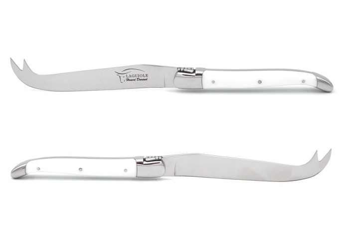 Laguiole cheese knife with shiny stainless steel bolsters. Slim white Corian handle, dishwasher safe
