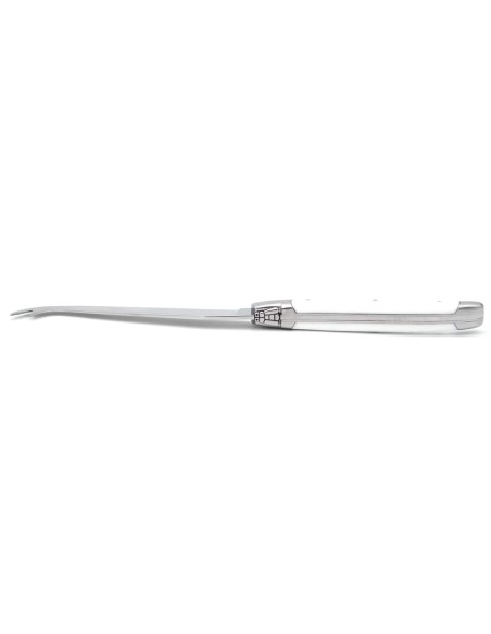 Laguiole cheese knife with shiny stainless steel bolsters. Slim white Corian handle, dishwasher safe
