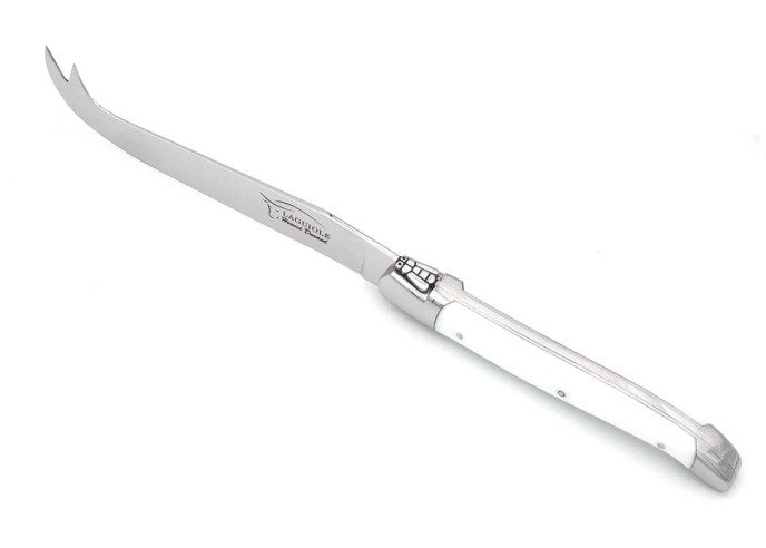 Laguiole cheese knife with shiny stainless steel bolsters. Slim white Corian handle, dishwasher safe