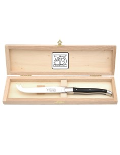 Laguiole cheese knife with shiny stainless steel bolsters. Slim black corian handle, dishwasher safe