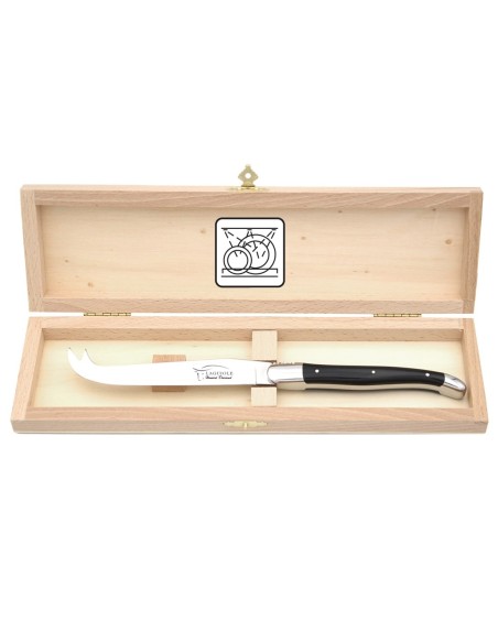 Laguiole cheese knife with shiny stainless steel bolsters. Slim black corian handle, dishwasher safe