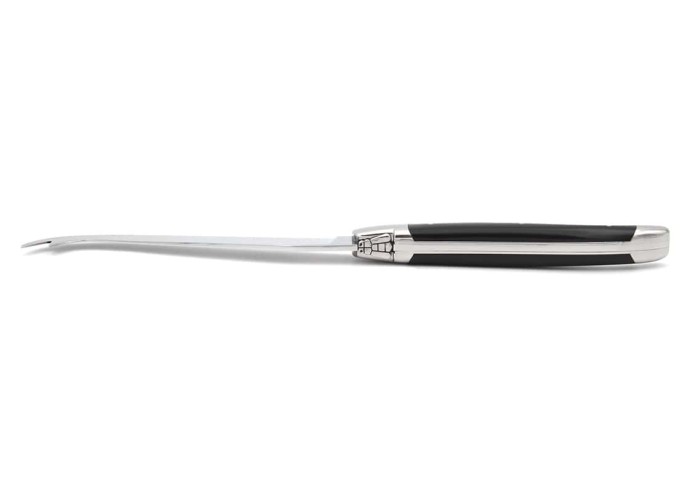 Laguiole cheese knife with shiny stainless steel bolsters. Slim black corian handle, dishwasher safe