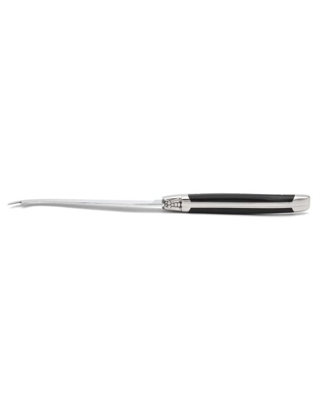 Laguiole cheese knife with shiny stainless steel bolsters. Slim black corian handle, dishwasher safe
