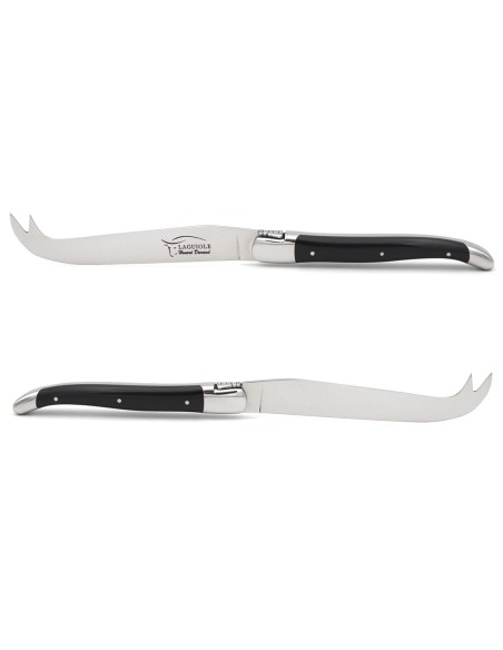 Laguiole cheese knife with shiny stainless steel bolsters. Slim black corian handle, dishwasher safe