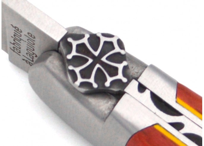 Laguiole pocket knife 12 cm, Occitan cross, red-stained beech handle handle & yellow spacer, matt  bolsters