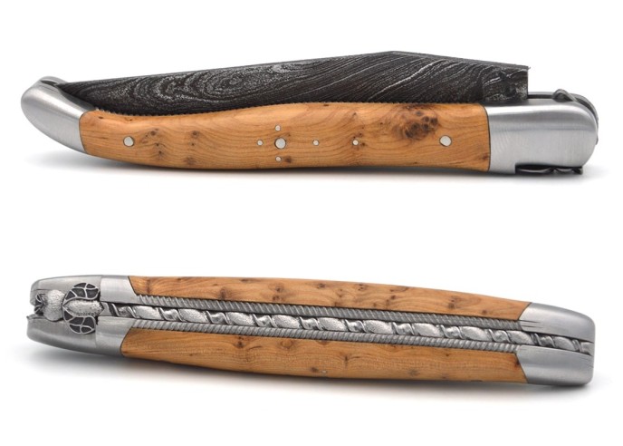 laguiole 12cm damast klinge biene und feder mit meissel handziseliert griff aus wacholder