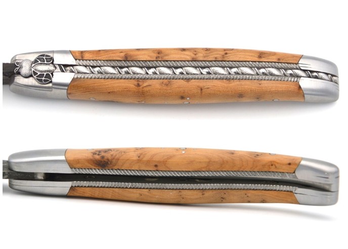 laguiole 12cm damast klinge biene und feder mit meissel handziseliert griff aus wacholder