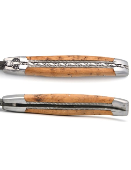 laguiole 12cm damast klinge biene und feder mit meissel handziseliert griff aus wacholder