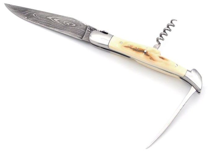 Laguiole Klappmesser, 12cm, Damast mit wildem Muster, Griff aus Mammut