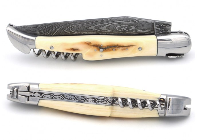 Laguiole pocket knife, 12 cm, "Wild" damascus blade, fossilized mammoth molar (stabilized) handle with shiny bolsters