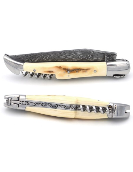 Laguiole Klappmesser, 12cm, Damast mit wildem Muster, Griff aus Mammut