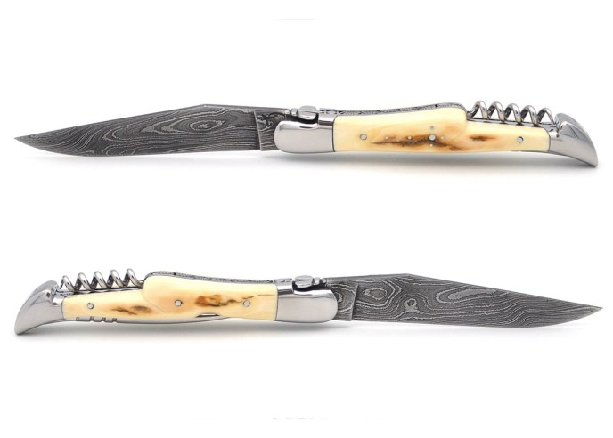 Laguiole Klappmesser, 12cm, Damast mit wildem Muster, Griff aus Mammut
