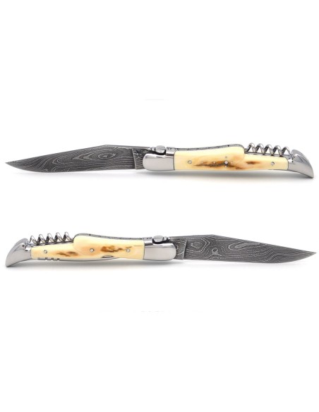 Laguiole pocket knife, 12 cm, "Wild" damascus blade, fossilized mammoth molar (stabilized) handle with polished bolsters