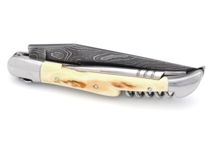 Laguiole pocket knife, 12 cm, "Wild" damascus blade, fossilized mammoth molar (stabilized) handle with polished bolsters