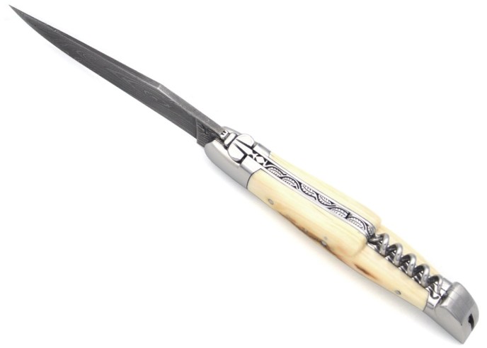 Laguiole Klappmesser, 12cm, Damast mit wildem Muster, Griff aus Mammut