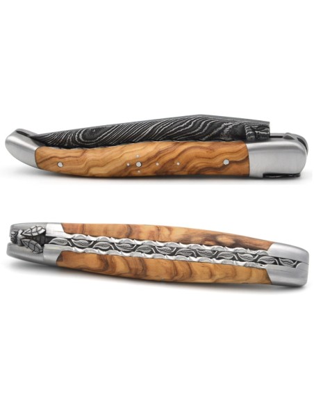 laguiole 12cm damast klinge biene und feder mit meissel handziseliert griff aus Olivenholz