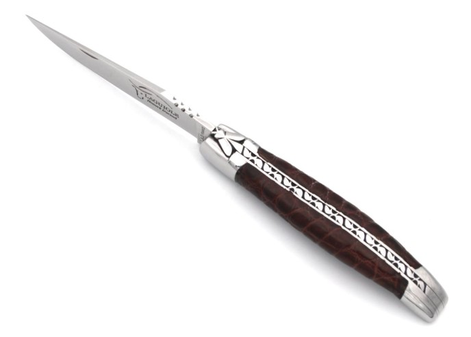Laguiole Klappmesser, 10 cm, Ledergriff, Biene und Feder mit einer Feile ziseliert